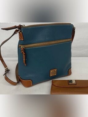 Dooney & Bourke Teal Leather Crossbody with Tan Trim and Gold Hardware